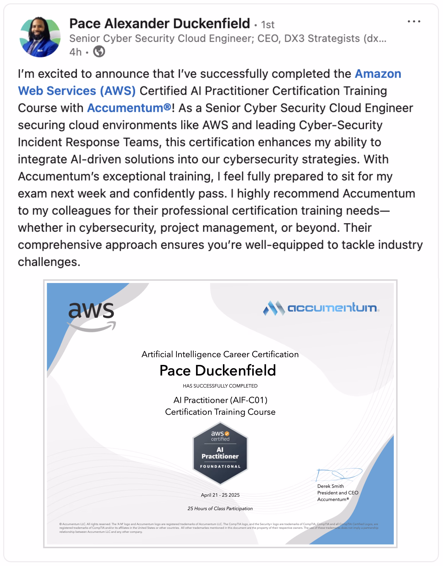 Client Endorsement of Accumentum AWS Artificial Intelligence Practitioner Certification Training Course